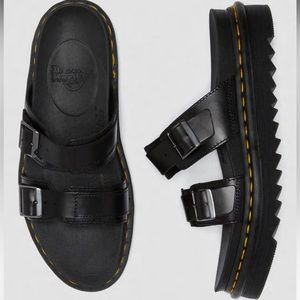 Doc Martens Myles Brando Leather Slide Sandals in black buckles platforms